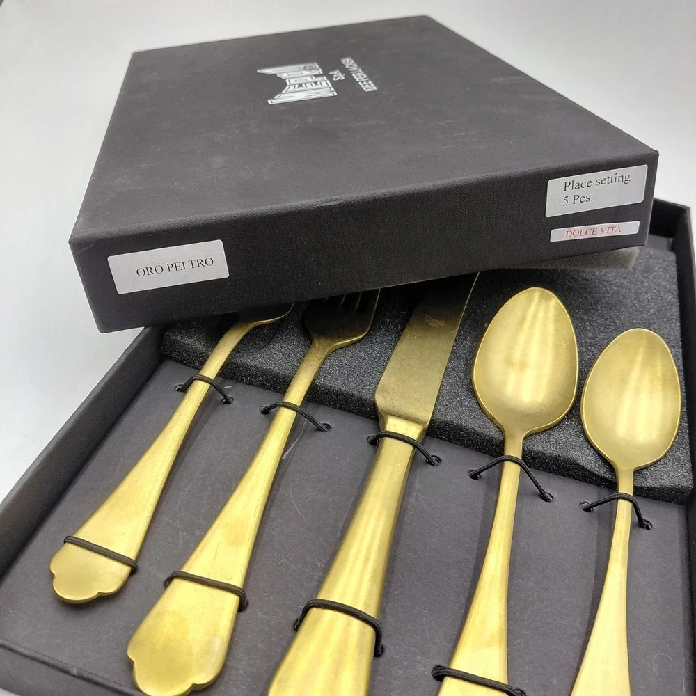 MEPRA Gold Dolce Vita Flatware 5 Piece Set NIB Italy 18/10 Bloomingdales